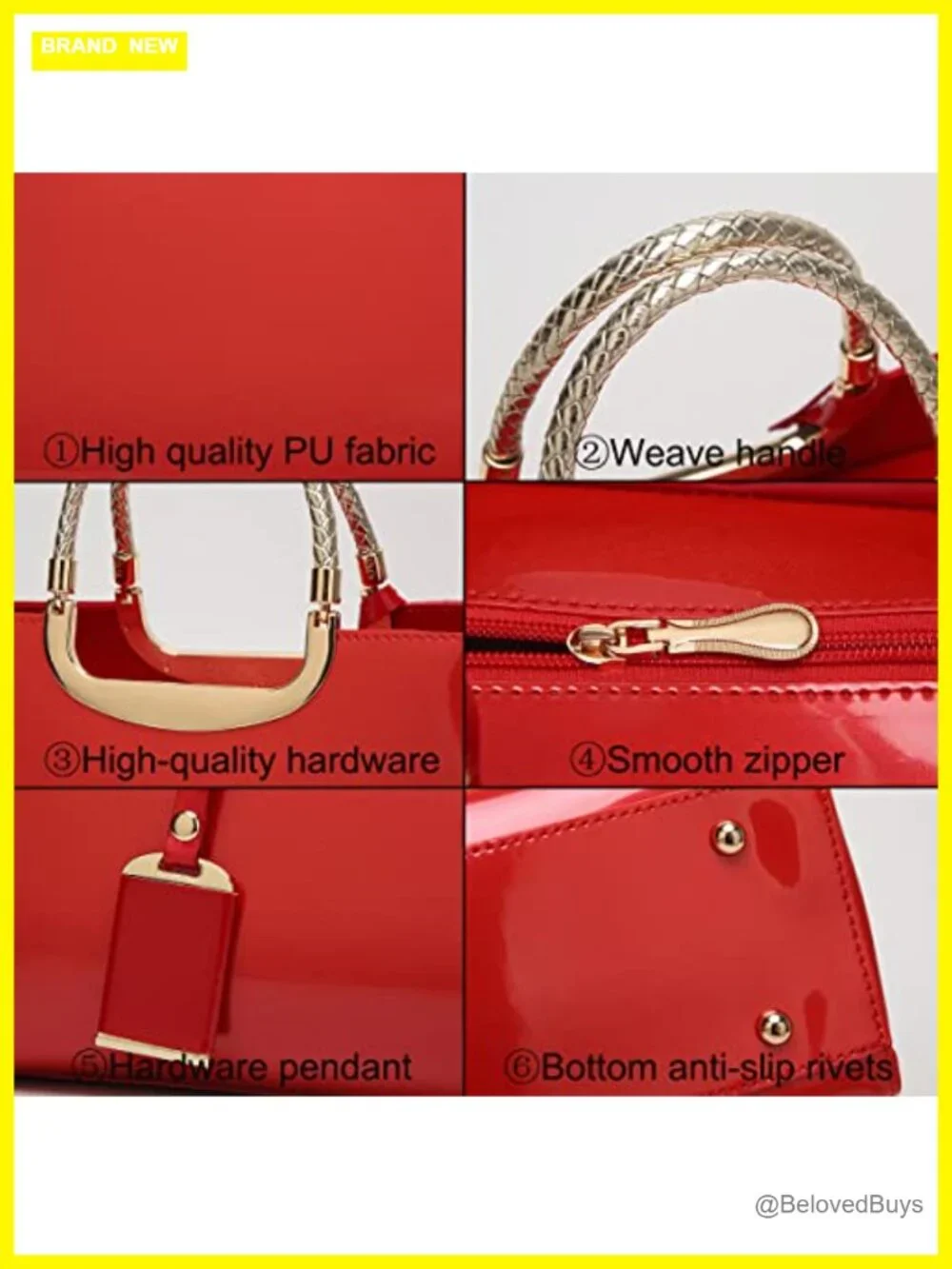 Faux Patent Leather Top-Handle Tote Satchel Evening Party Bag Structured